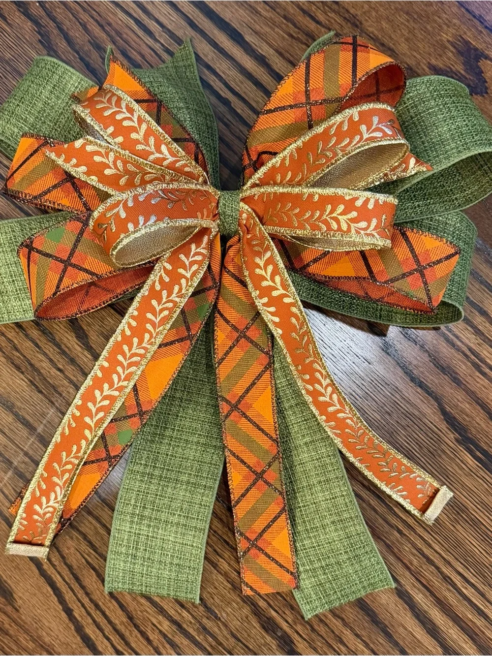 Home Holiday Decorative Orange Plaid & Olive Green Garland Bow